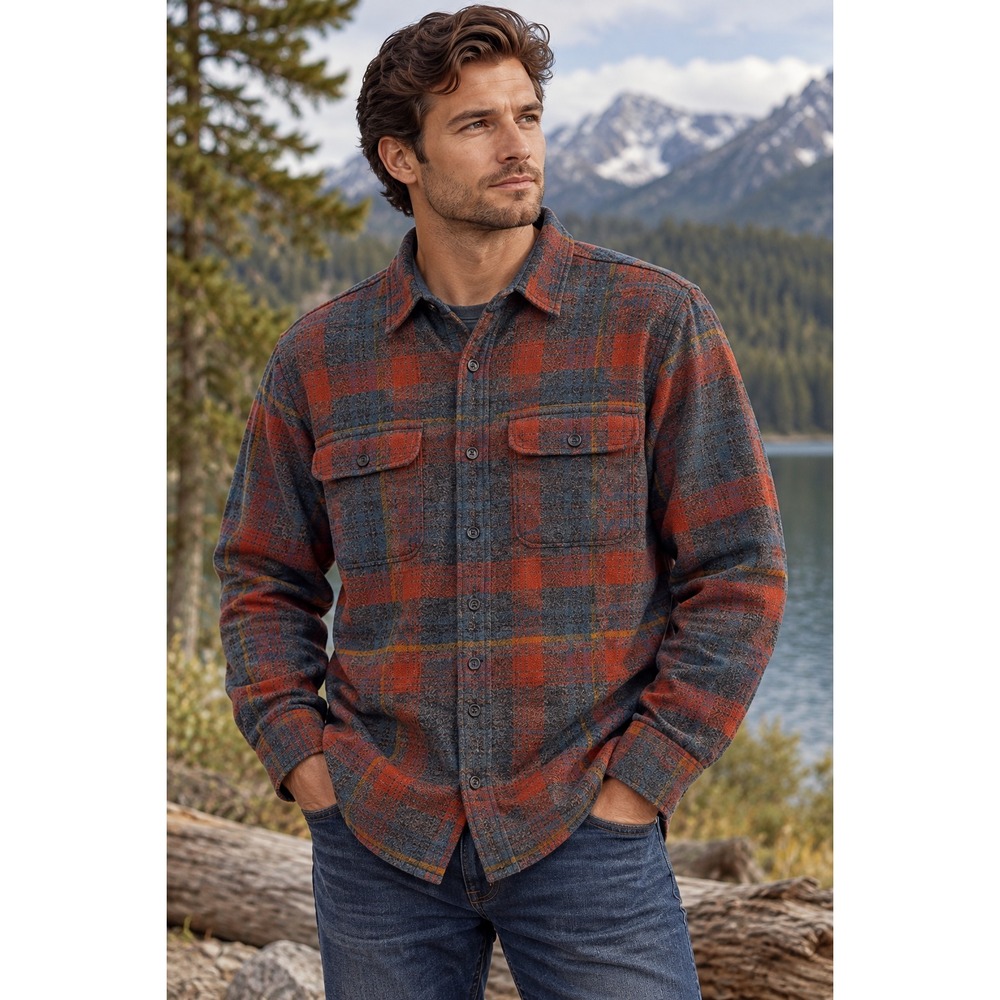 The North Face Mens XL Plaid Flannel Shirt Blue Rust Orange Button Front Outdoor